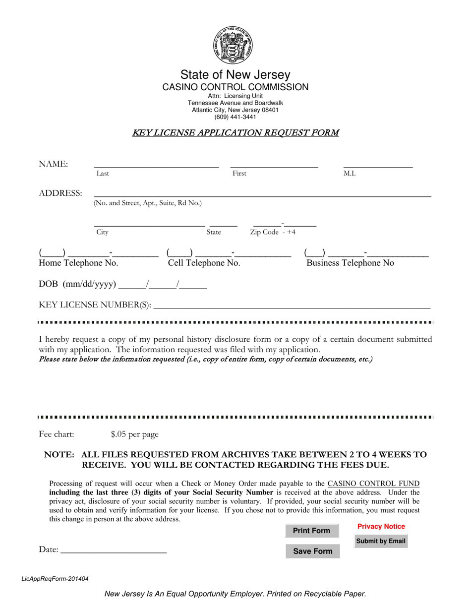 Key License Application Request Form - New Jersey, Page 1
