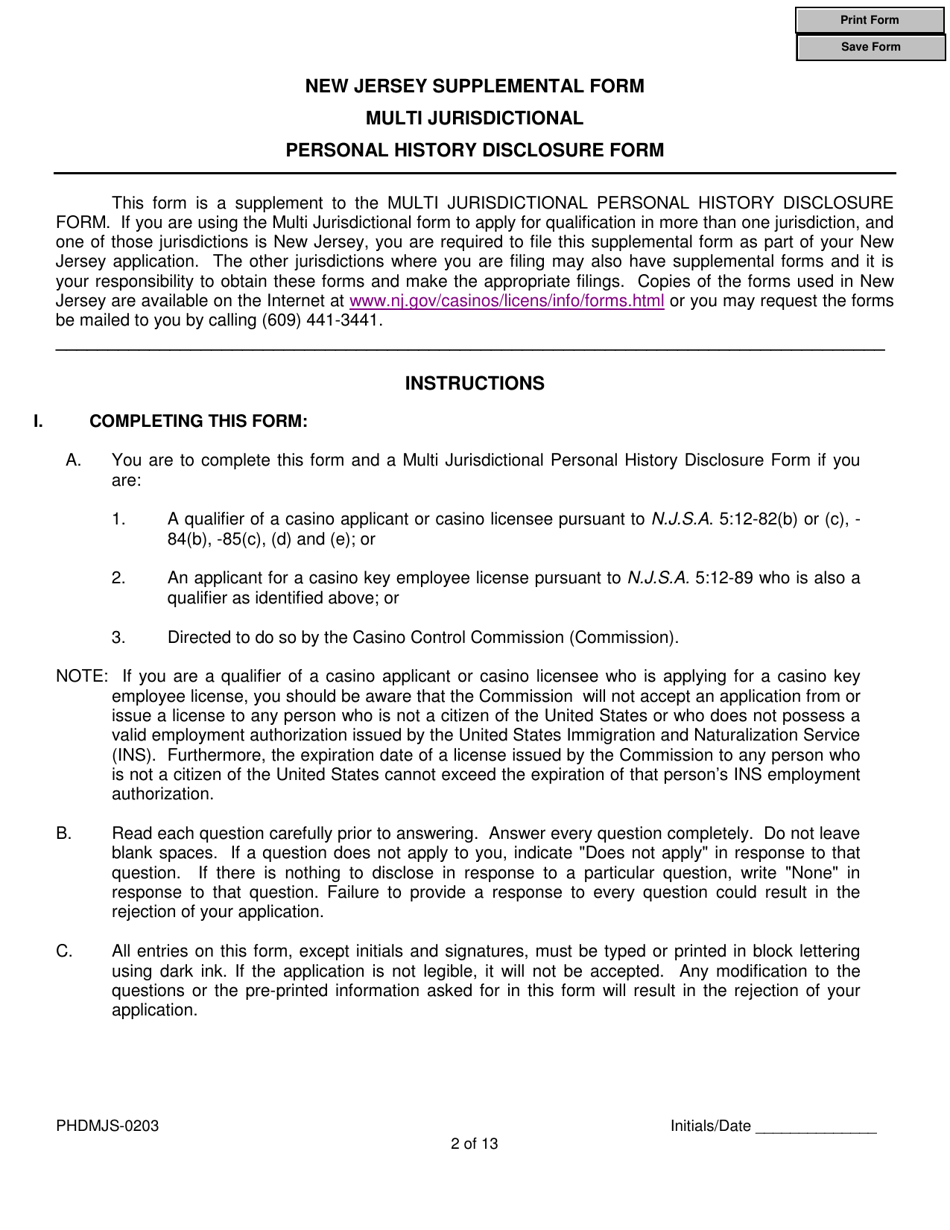 Form PHDMJS-0203 New Jersey Supplemental Form to Multi-Jurisdictional Personal History Disclosure Form - New Jersey, Page 2