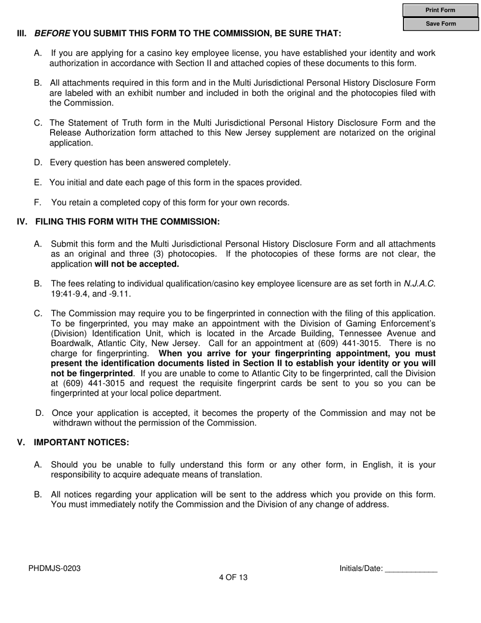 Form PHDMJS-0203 New Jersey Supplemental Form to Multi-Jurisdictional Personal History Disclosure Form - New Jersey, Page 4