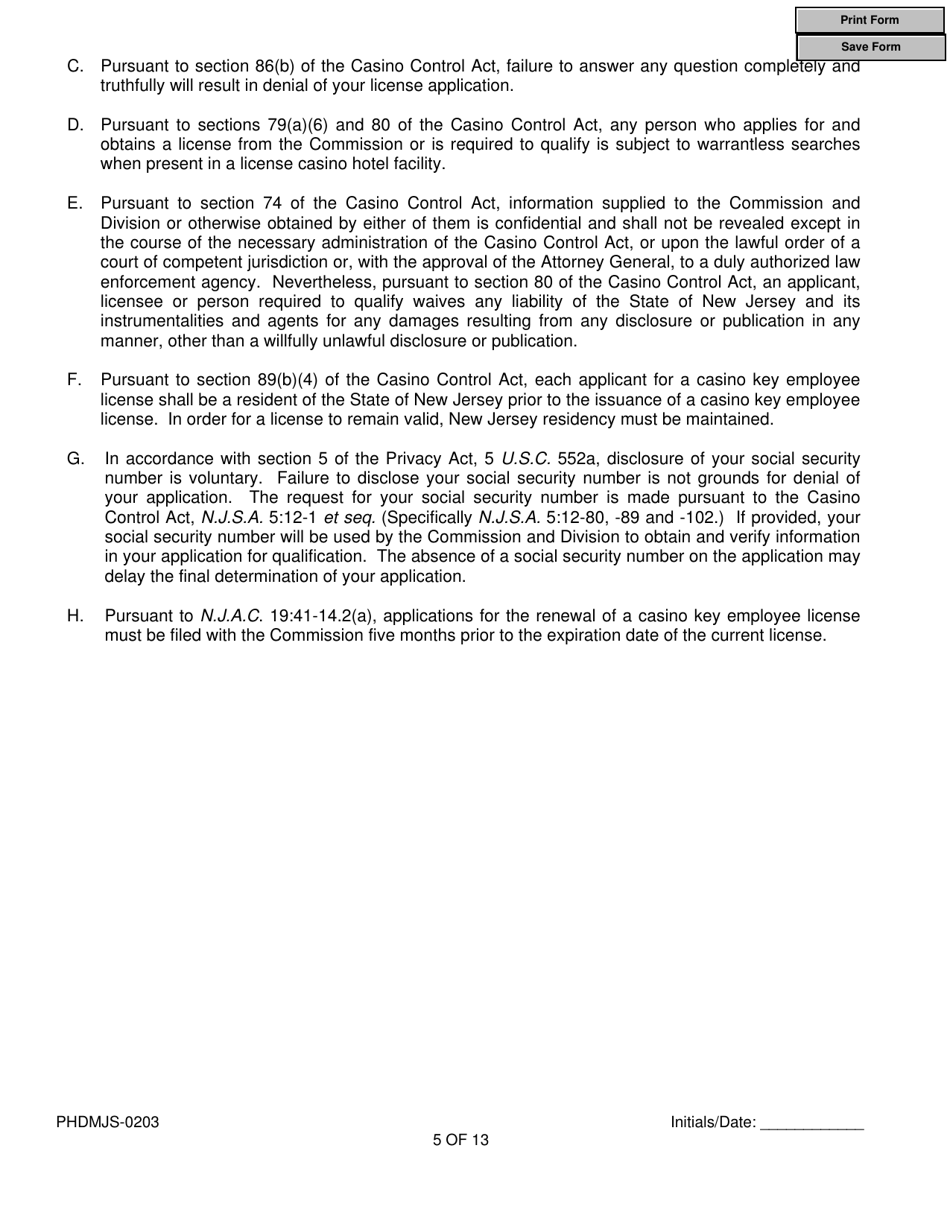Form PHDMJS-0203 New Jersey Supplemental Form to Multi-Jurisdictional Personal History Disclosure Form - New Jersey, Page 5