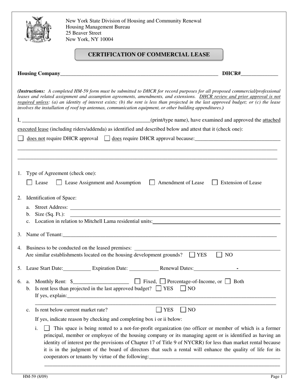 Form HM-59 Certification of Commercial Lease - New York, Page 1