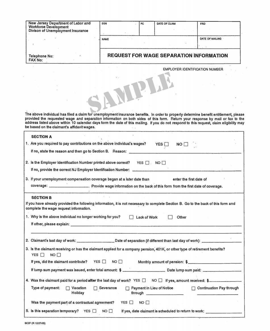 Form BC-2 Request for Wage Separation Information - New Jersey, Page 1