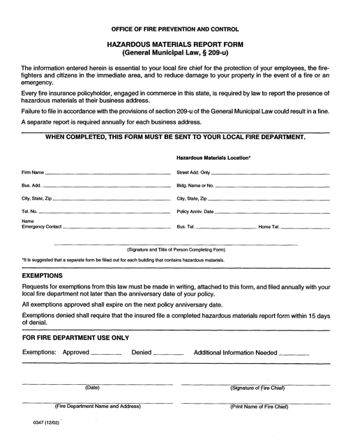Form 0347 Office of Fire Prevention and Control Hazardous Materials Report Form (Generic Municipal Law, 209-u) - New York