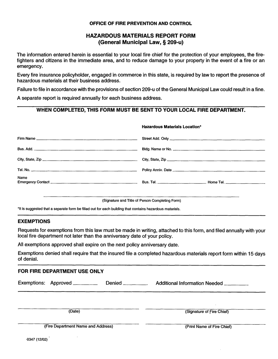 Form 0347 Office of Fire Prevention and Control Hazardous Materials Report Form (Generic Municipal Law, 209-u) - New York, Page 1