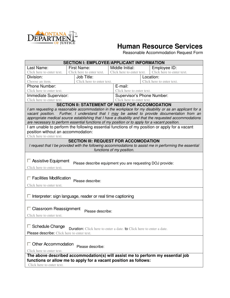 Reasonable Accommodation Request Form - Montana, Page 1