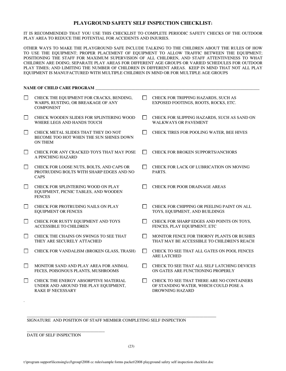 Playground Safety Self Inspection Checklist - New Hampshire, Page 1