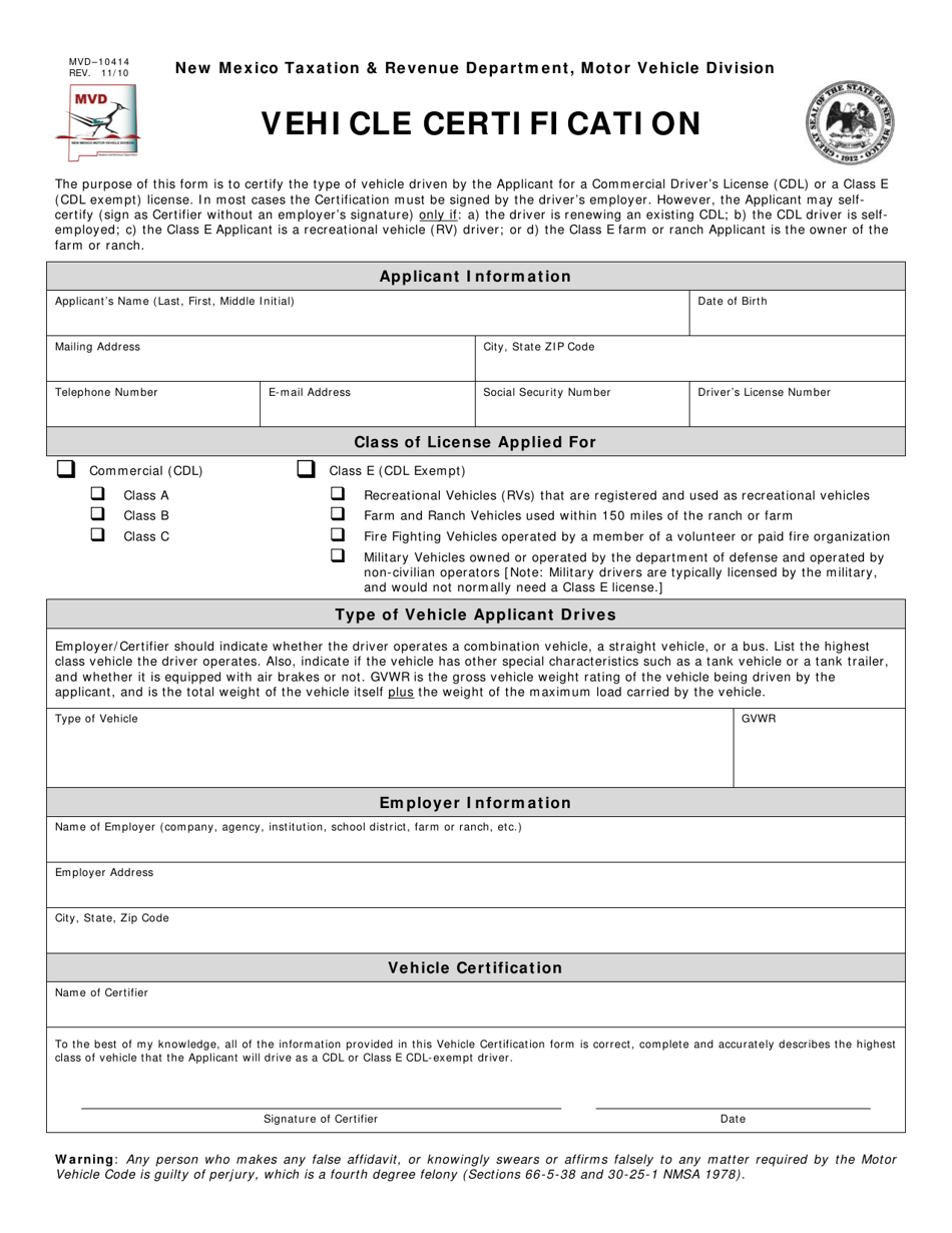 Form MVD-10414 Vehicle Certification - New Mexico, Page 1