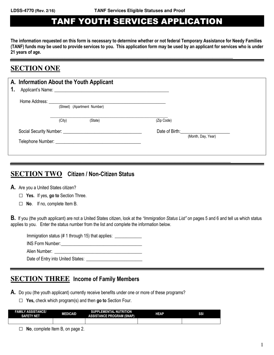 Form LDSS-4770 TANF Youth Services Application - New York, Page 1