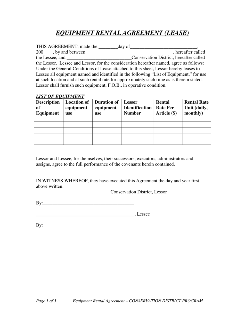 Equipment Rental Agreement (Lease) - Nevada, Page 1
