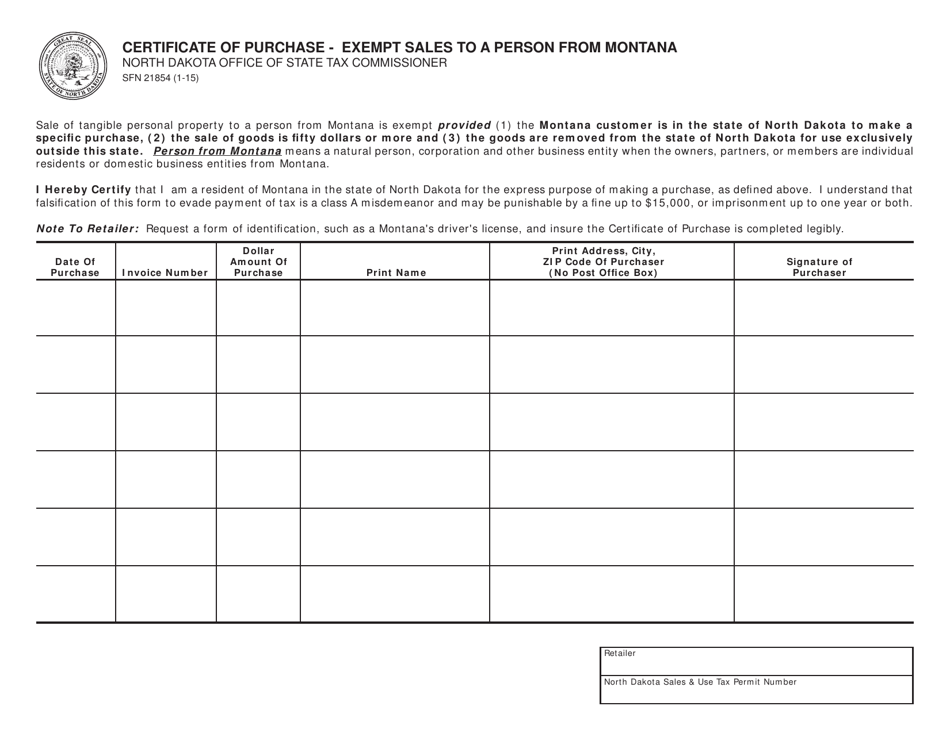 Form SFN21854 Certificate of Purchase - Exempt Sales to a Person From Montana - North Dakota, Page 1