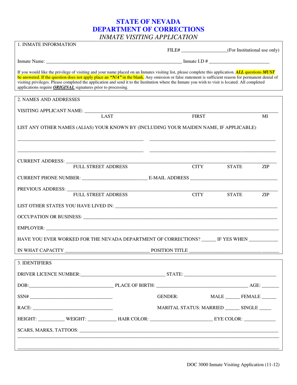 Form DOC3000 Inmate Visiting Application - Nevada, Page 1