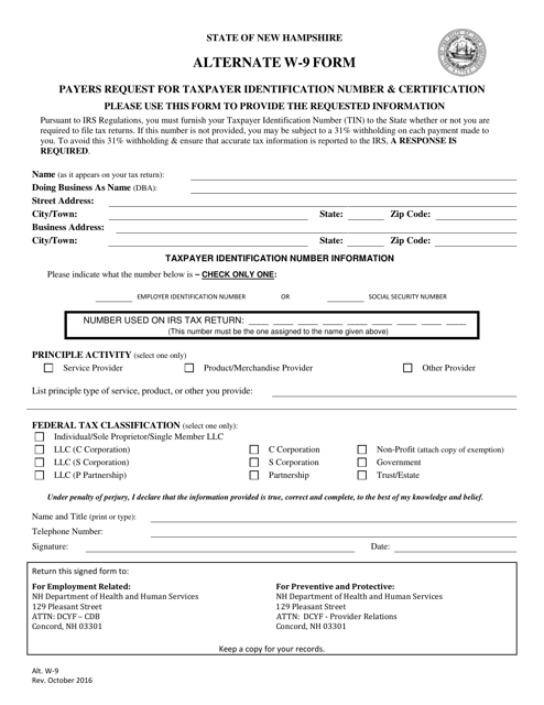Form W-9 ALTERNATE Payers Request for Taxpayer Identification Number & Certification - New Hampshire