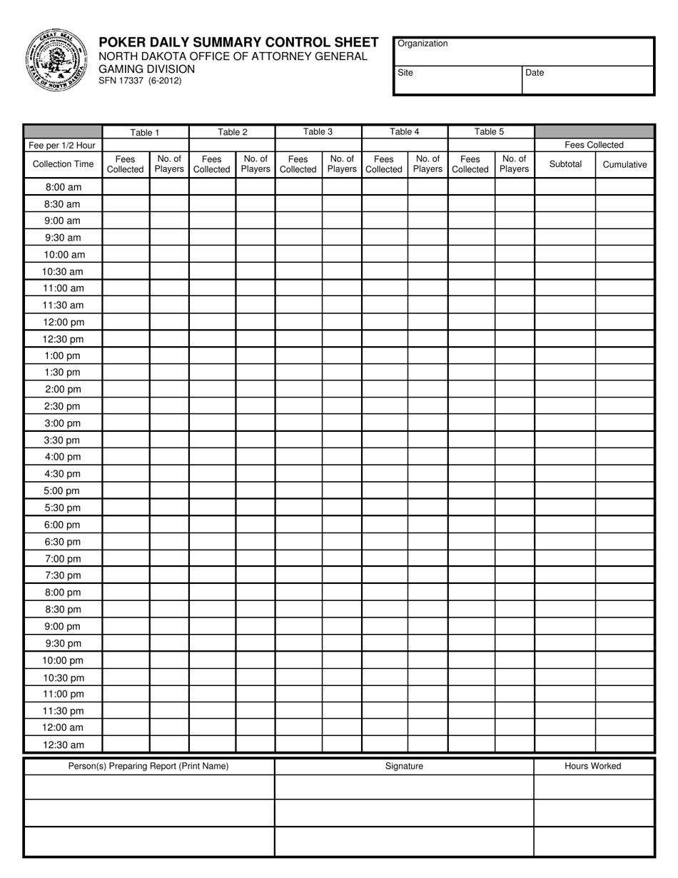 Form SFN17337 Poker Daily Summary Control Sheet - North Dakota, Page 1