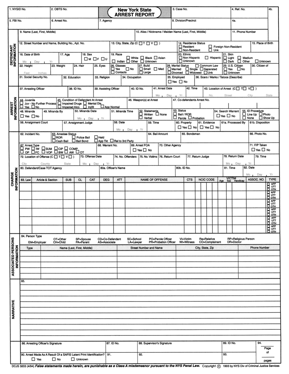 Form DCJS3203 New York State Arrest Report - New York, Page 1