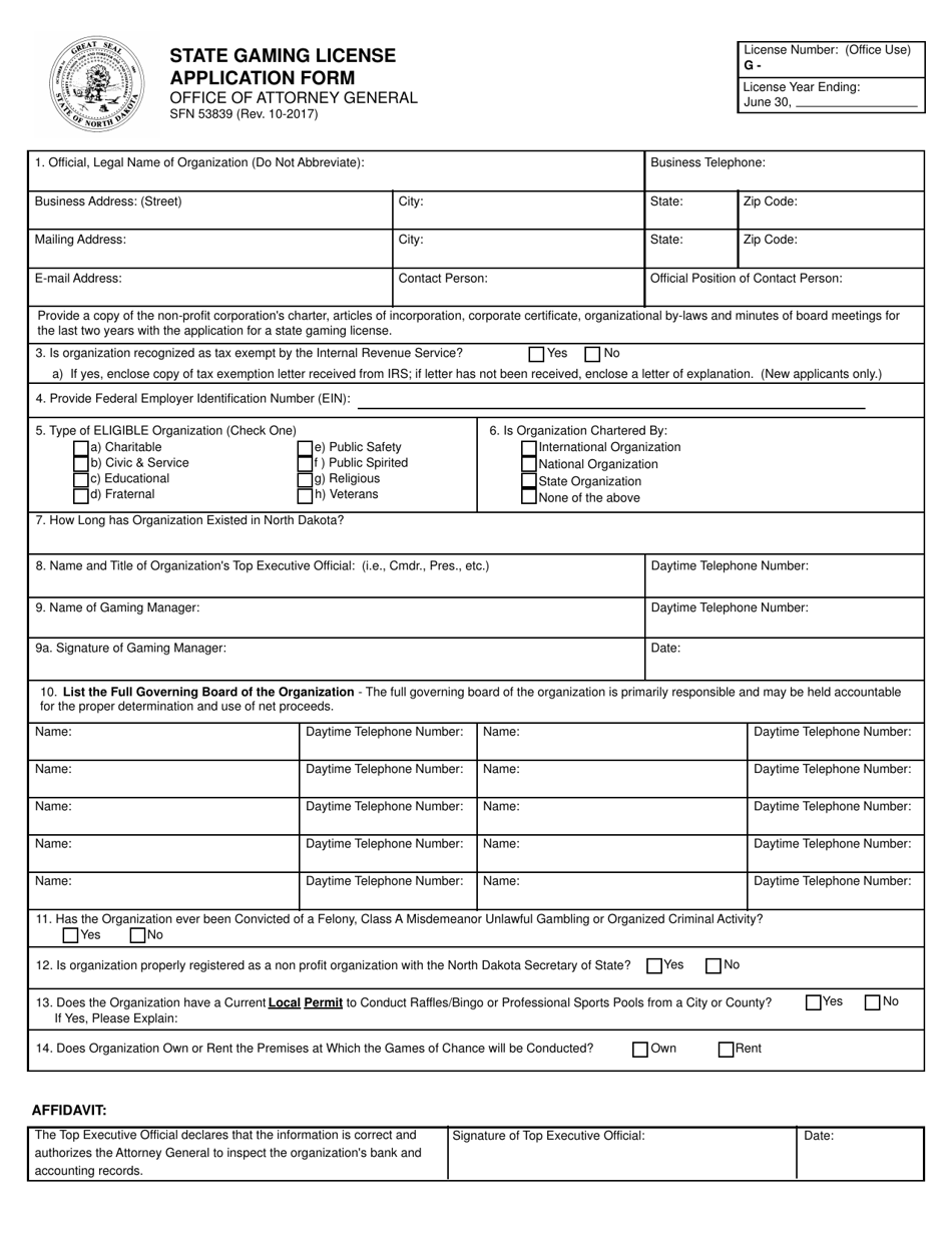 Form SFN53839 State Gaming License Application Form - North Dakota, Page 1