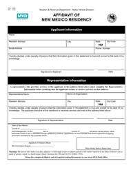 Document preview: Form MVD-10020 Affidavit of New Mexico Residency - New Mexico