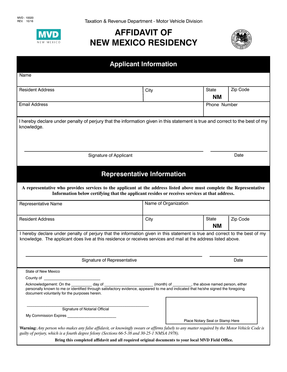 Form MVD-10020 Affidavit of New Mexico Residency - New Mexico, Page 1