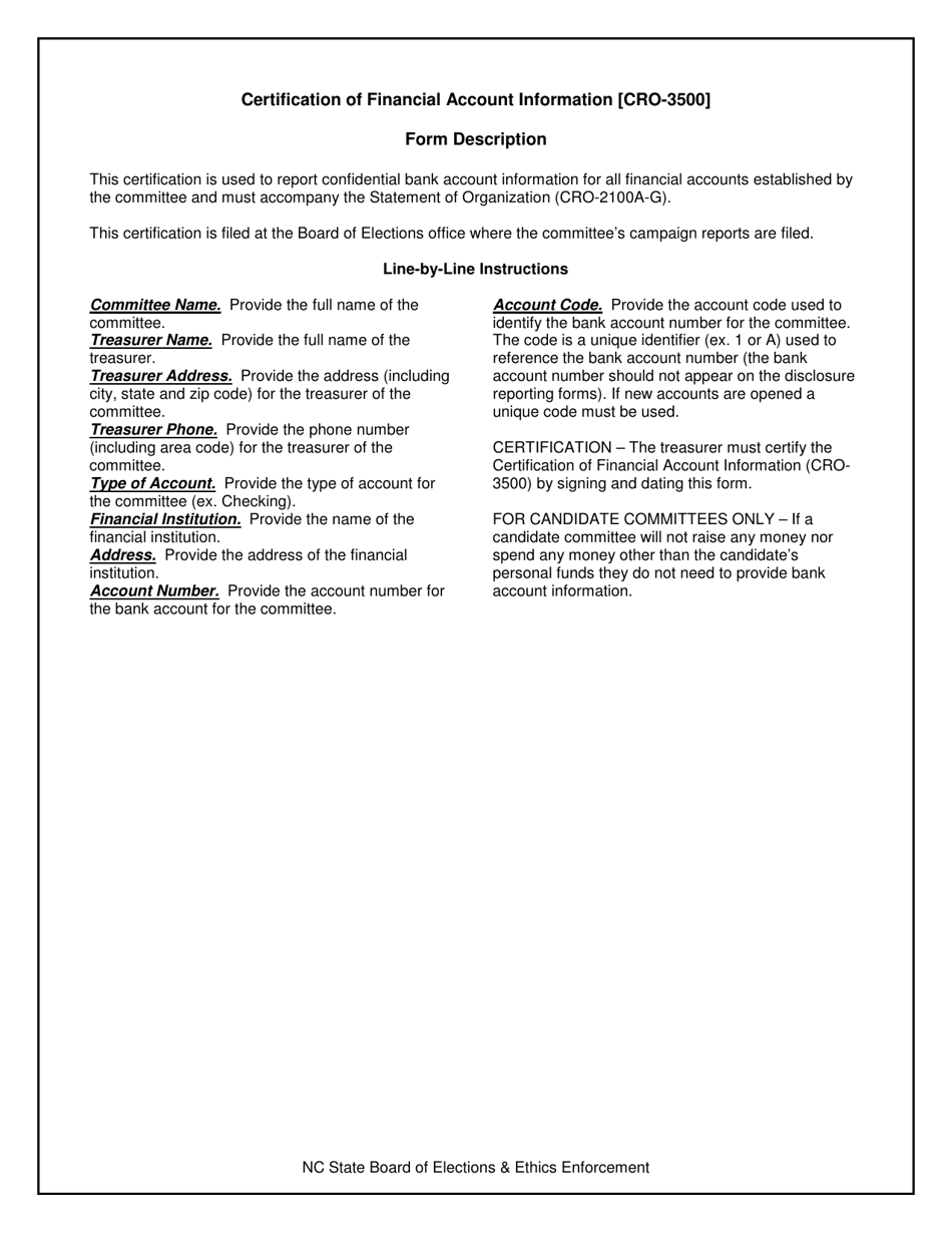 Instructions for Form CRO-3500 Certification of Financial Account Information - North Carolina, Page 1
