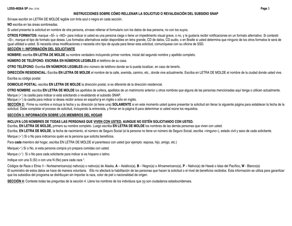 Instrucciones para Formulario LDSS-4826 Solicitud / Revalidacion De Subsidio Snap - New York (Spanish), Page 3