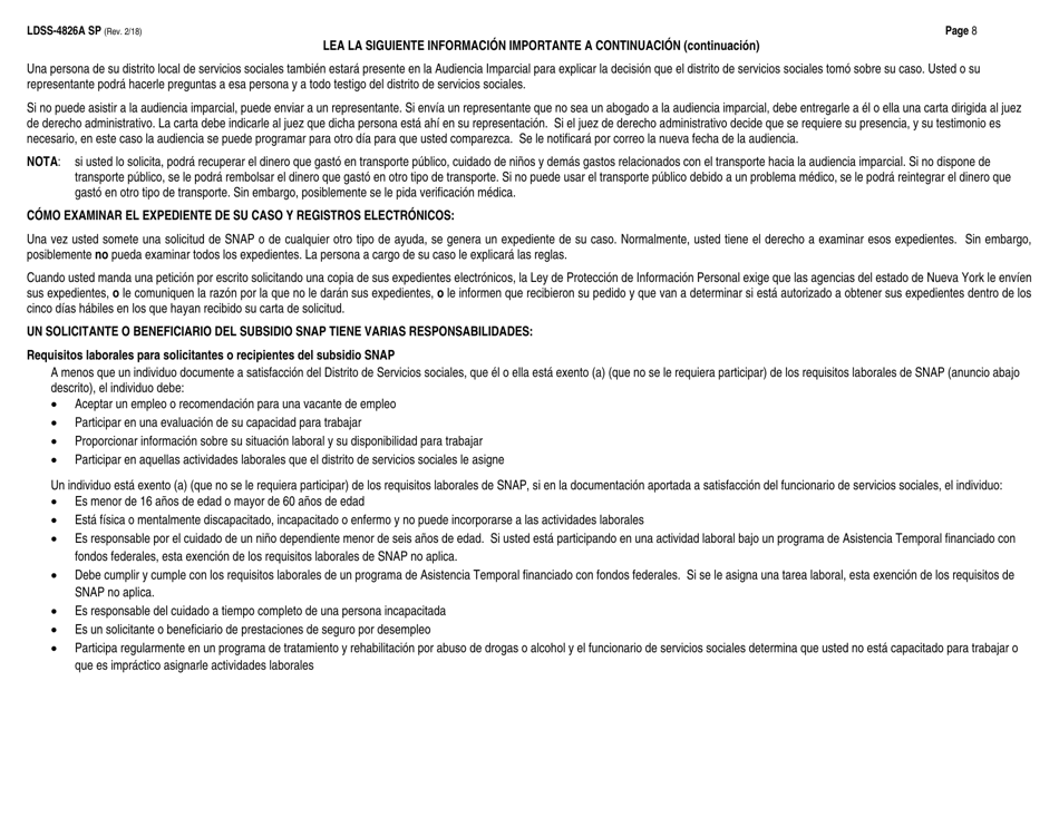Instrucciones para Formulario LDSS-4826 Solicitud / Revalidacion De Subsidio Snap - New York (Spanish), Page 8
