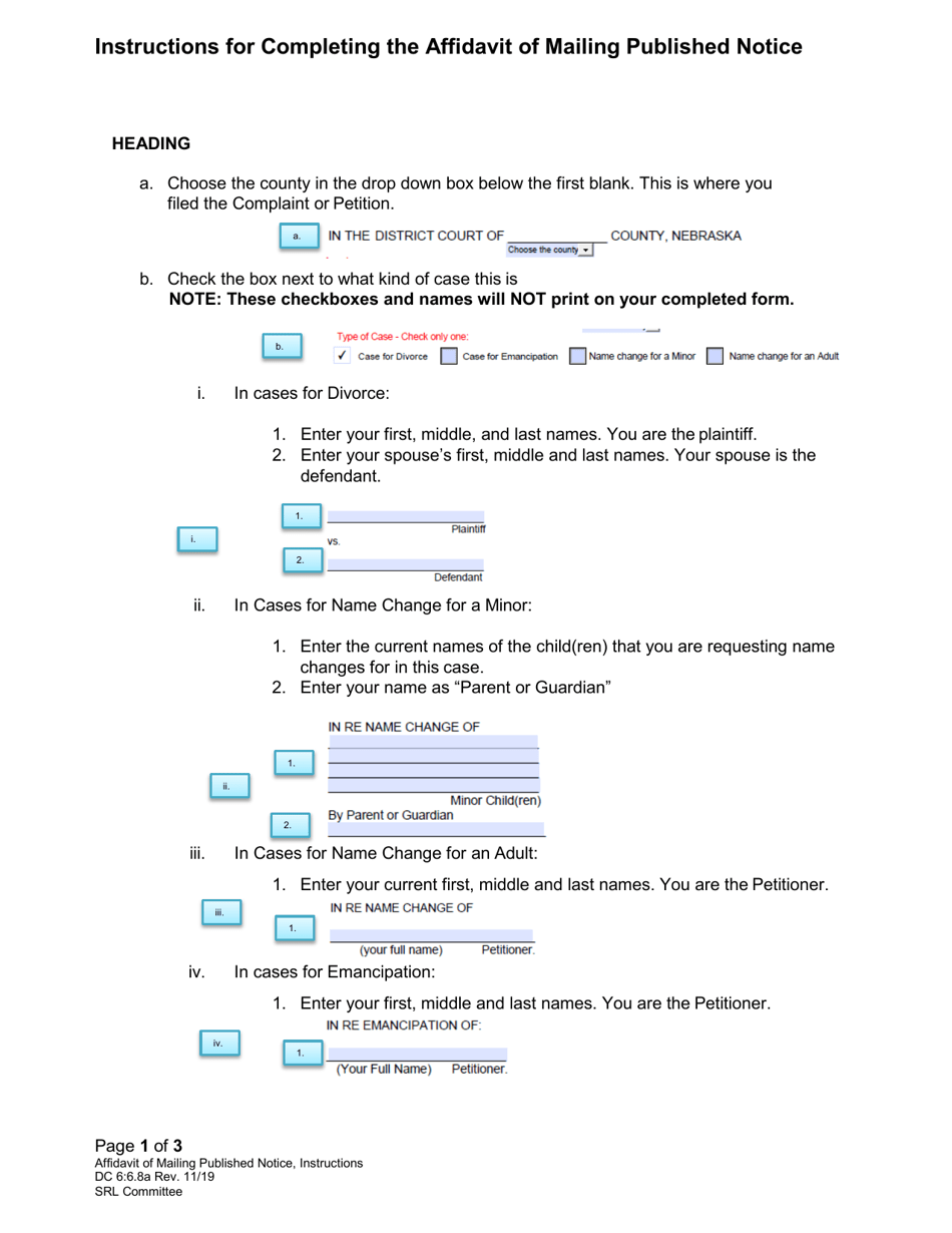 Instructions for Form DC6:6.8 Affidavit of Mailing Published Notice - Nebraska, Page 1