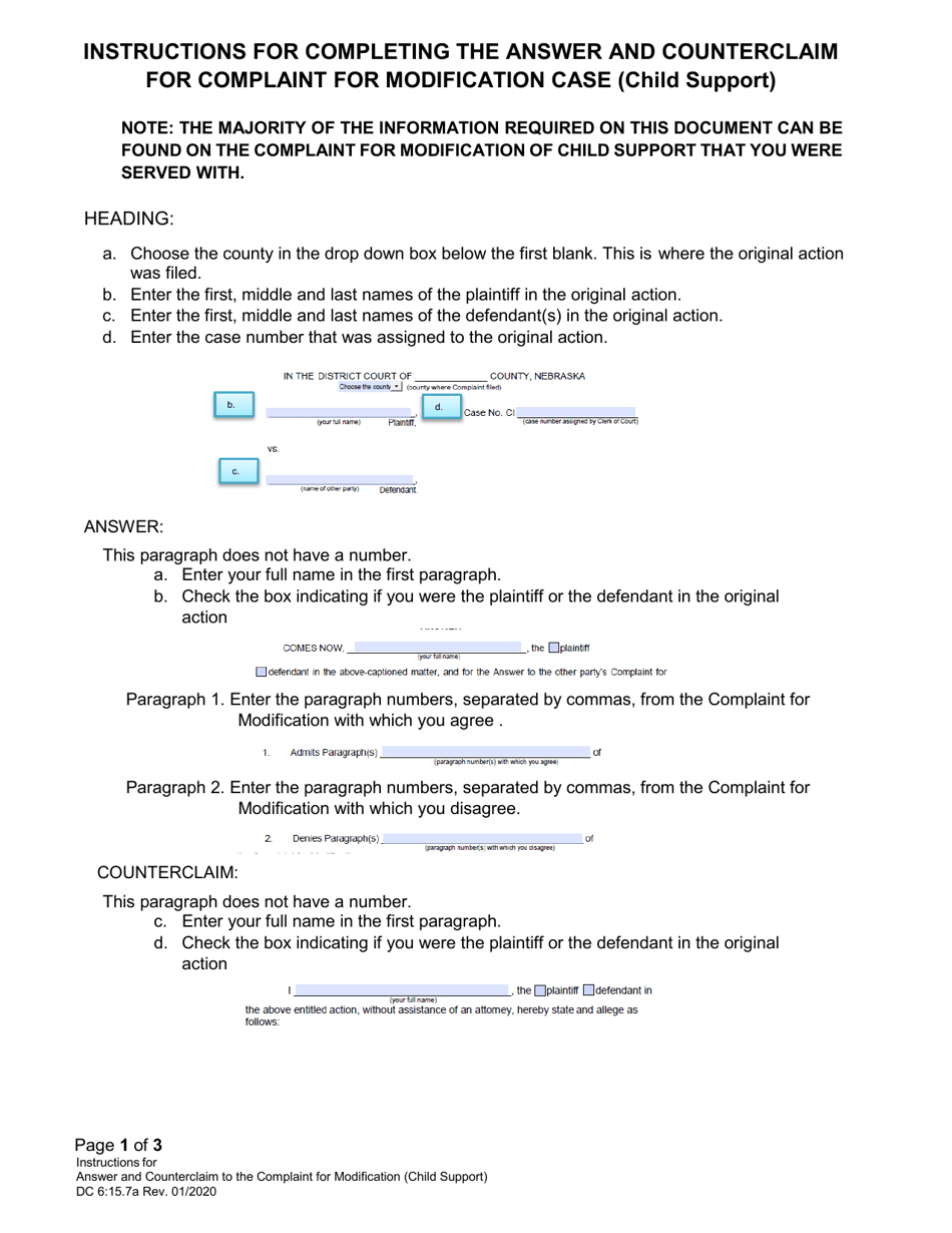 Instructions for Form DC6:15.7 Answer and Counterclaim to Complaint for Modification (Child Support) - Nebraska, Page 1