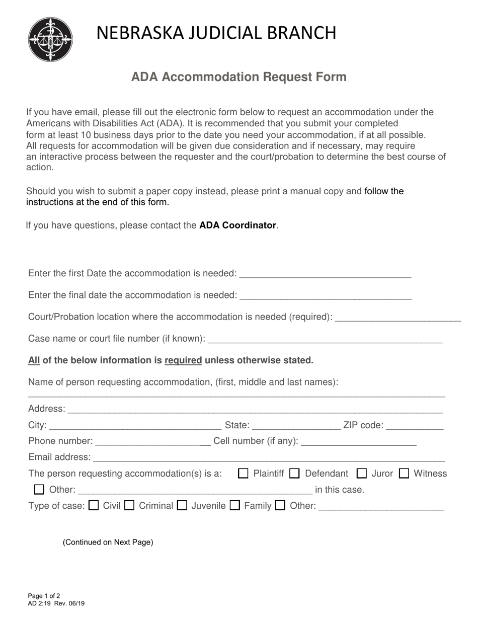 Form AD2:19 Ada Accommodation Request Form - Nebraska, Page 1