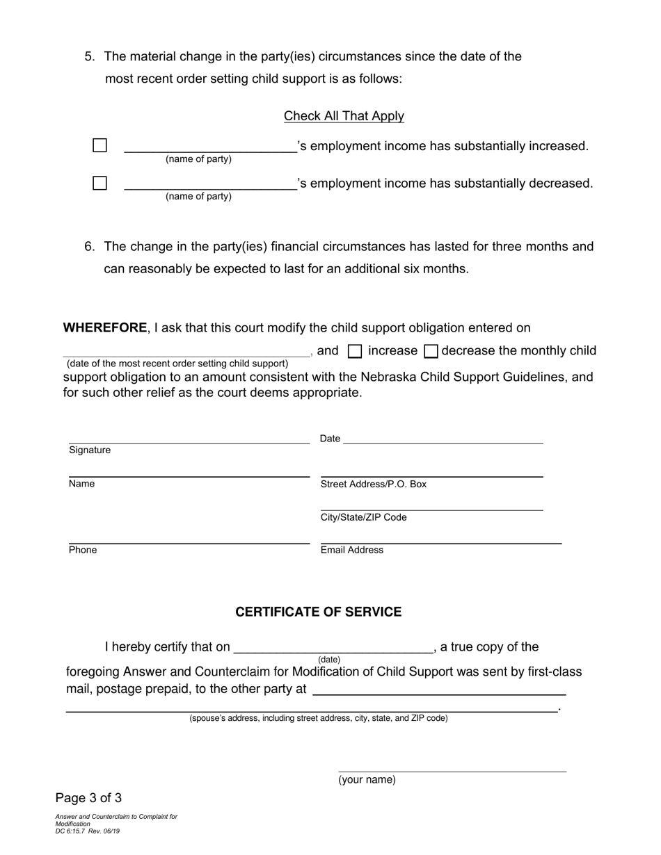 Form DC6:15.7 Answer and Counterclaim to Complaint for Modification (Child Support) - Nebraska, Page 3
