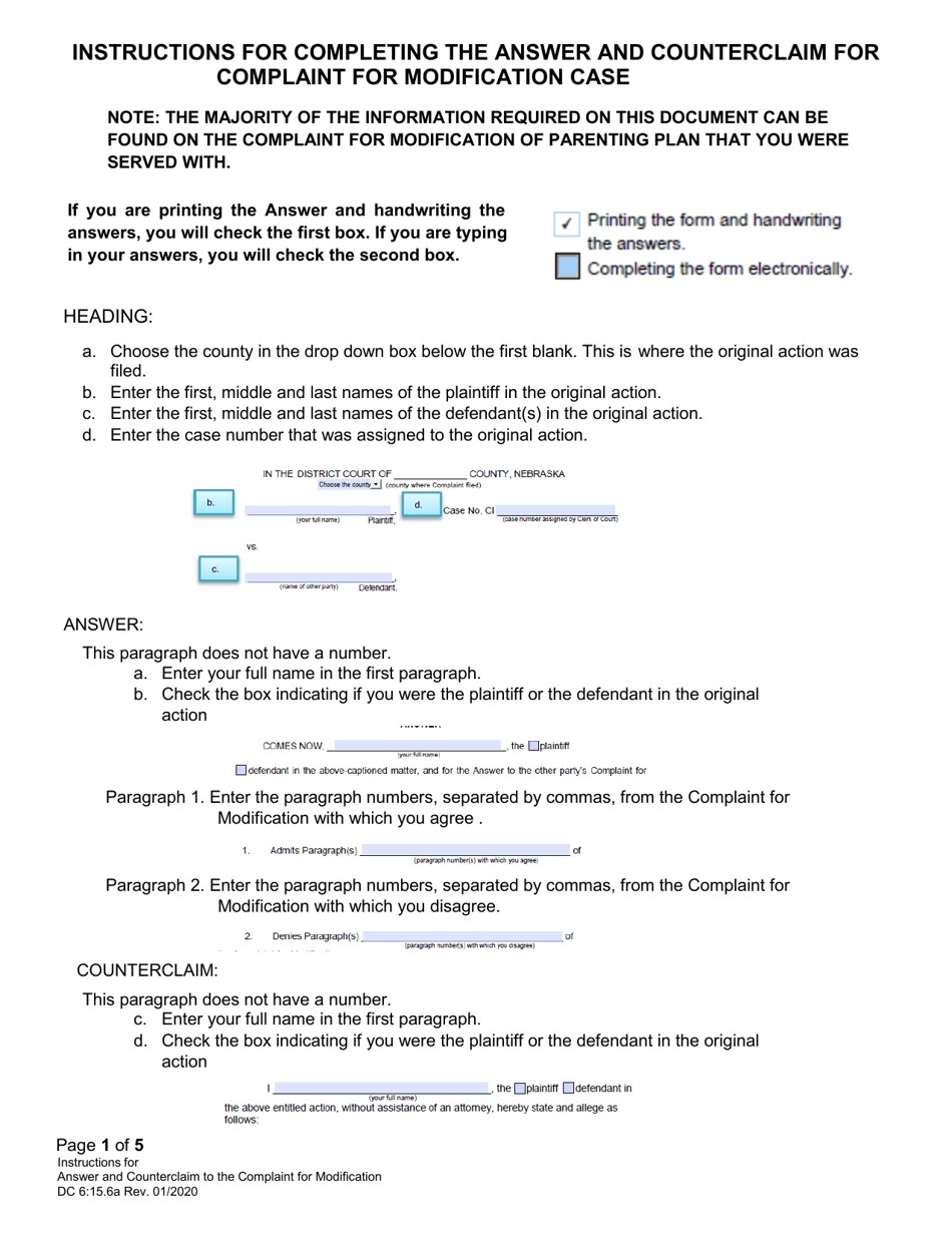 Instructions for Form DC6:15.6 Answer and Counterclaim to Complaint for Modification - Nebraska, Page 1