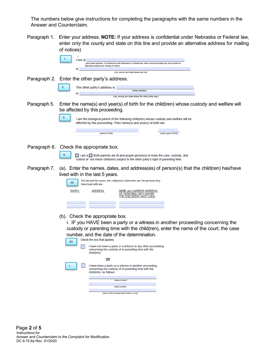 Instructions for Form DC6:15.6 Answer and Counterclaim to Complaint for Modification - Nebraska, Page 2