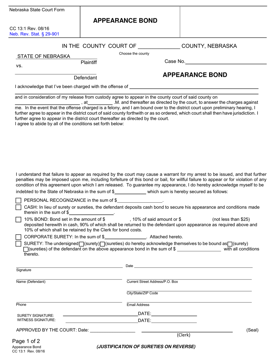 Form CC13:1 Appearance Bond - Nebraska, Page 1