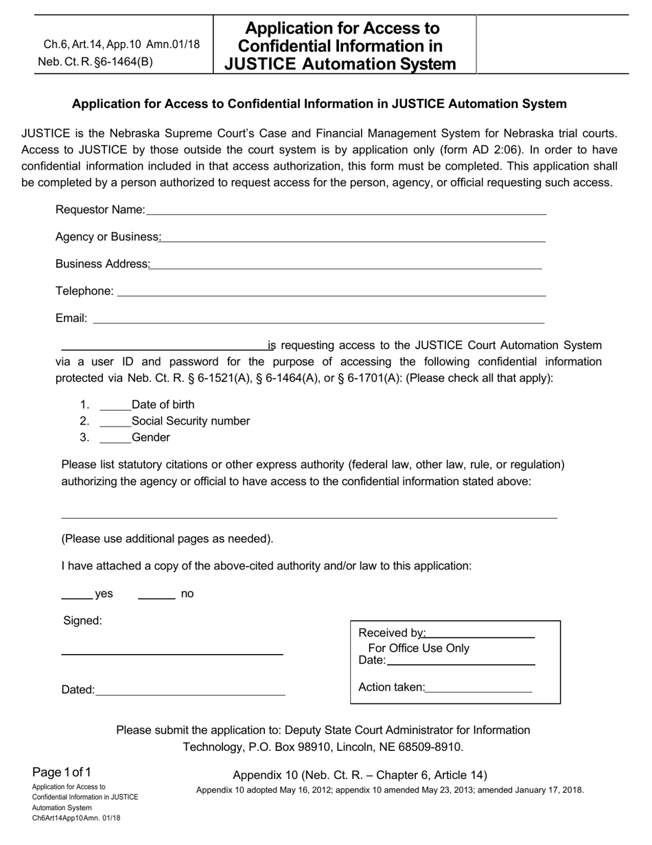 Form CH6ART14APP10 Application for Access to Confidential Information in Justice Automation System - Nebraska, Page 1