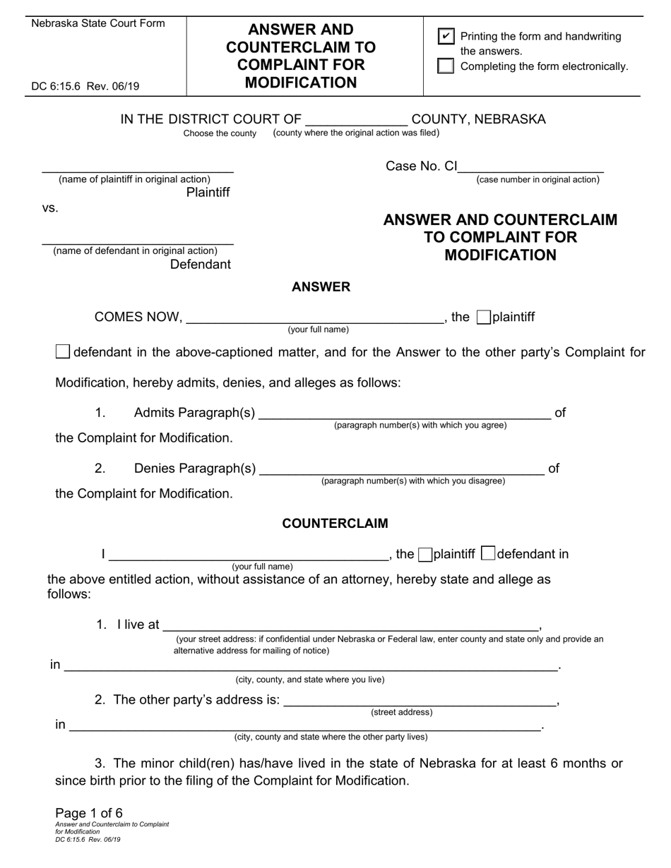 Form DC6:15.6 Answer and Counterclaim to Complaint for Modification - Nebraska, Page 1