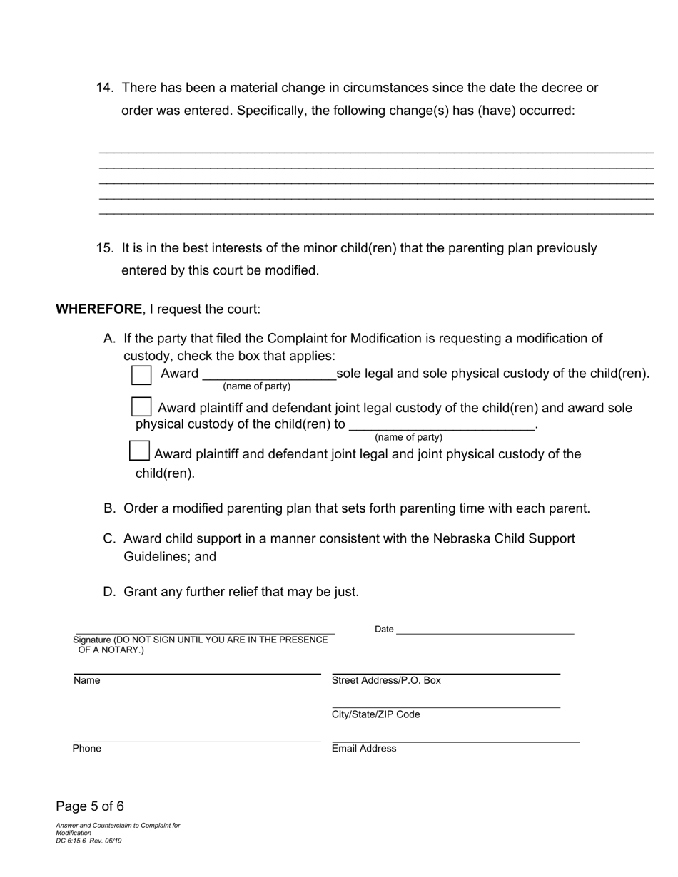 Form DC6:15.6 Answer and Counterclaim to Complaint for Modification - Nebraska, Page 5
