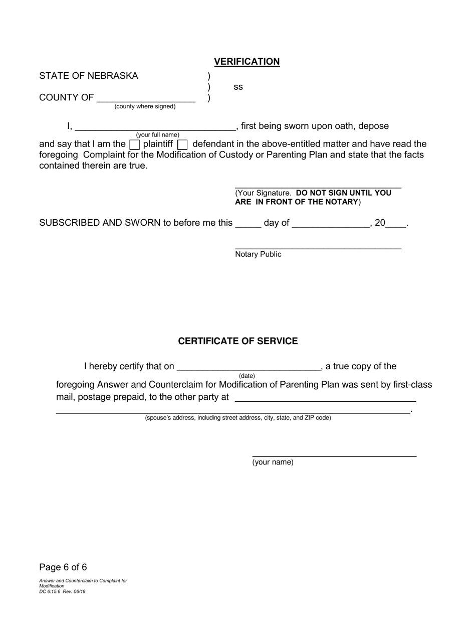 Form DC6:15.6 Answer and Counterclaim to Complaint for Modification - Nebraska, Page 6