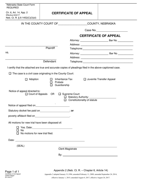 Form CH6ART14APP2 Certificate of Appeal - Nebraska