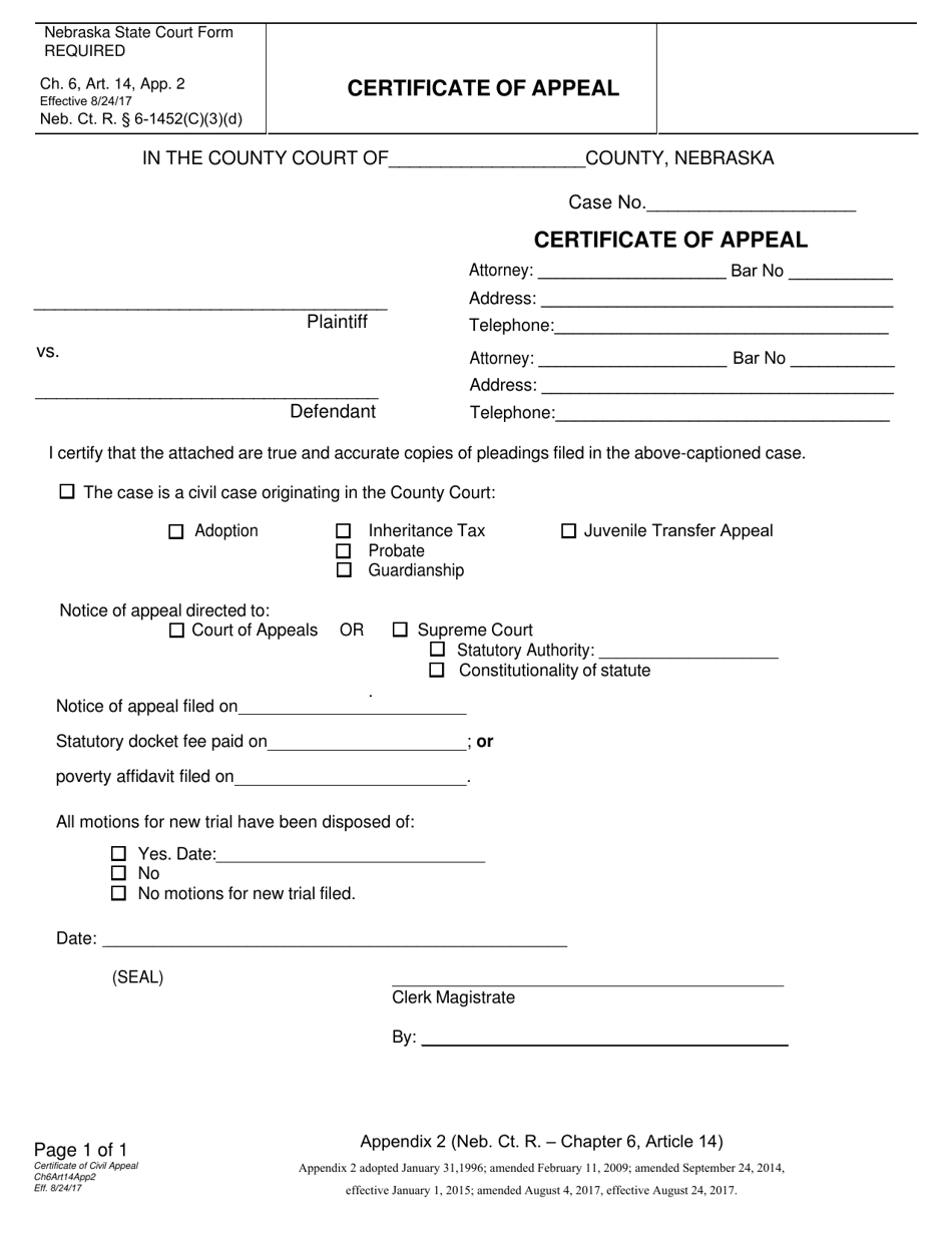 Form CH6ART14APP2 Certificate of Appeal - Nebraska, Page 1