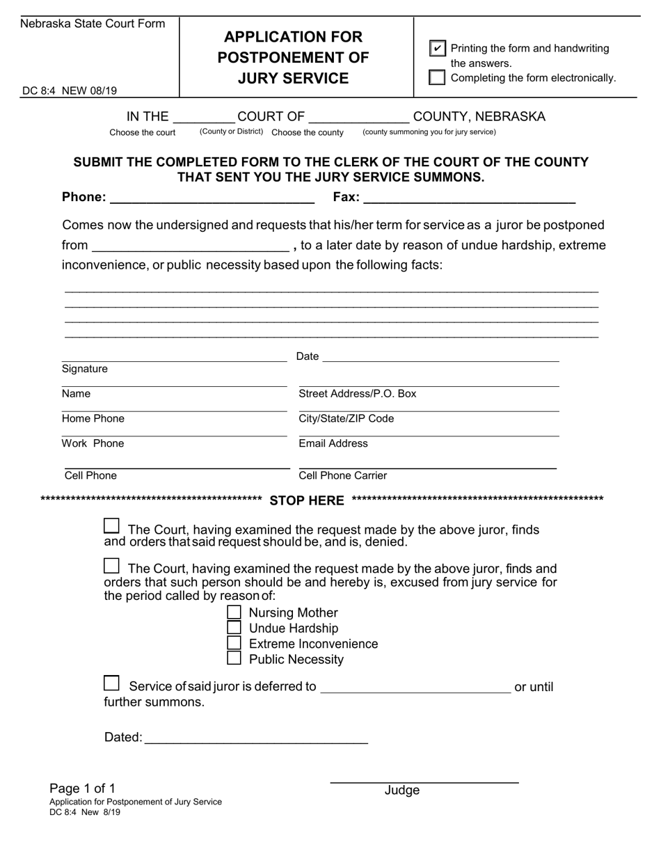 Form DC8:4 Application for Postponement of Jury Service - Nebraska, Page 1