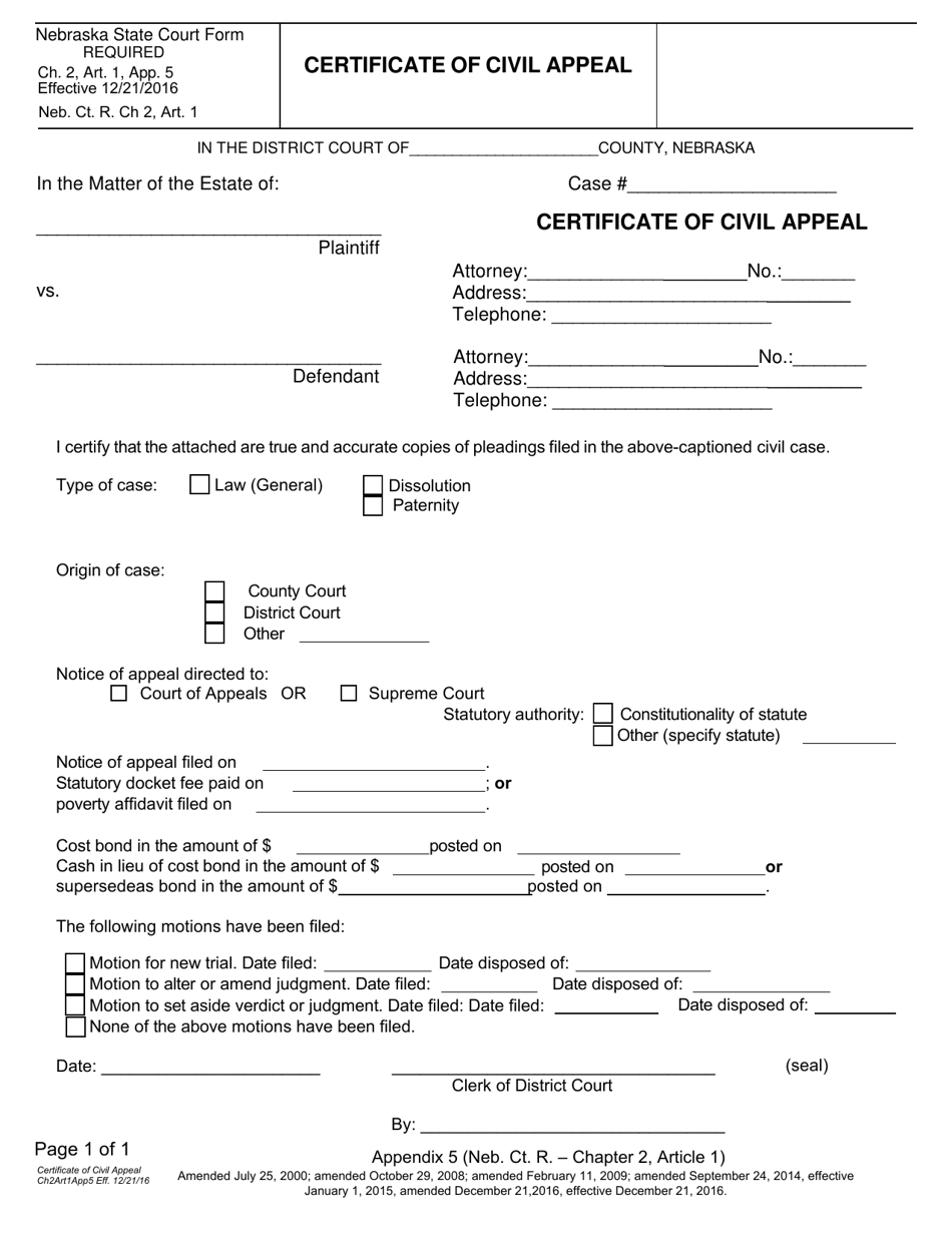 Form CH2ART1APP5 Certificate of Civil Appeal - Nebraska, Page 1
