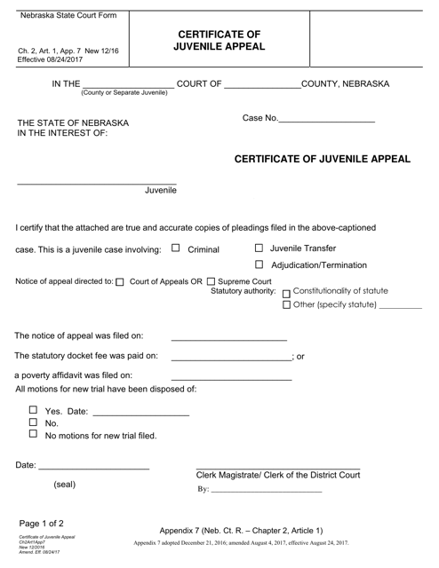 Form CH2ART1APP7 Certificate of Juvenile Appeal - Nebraska