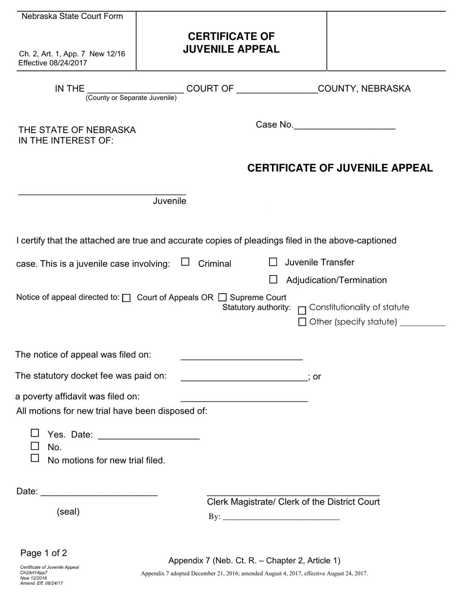 Form CH2ART1APP7 Certificate of Juvenile Appeal - Nebraska, Page 1