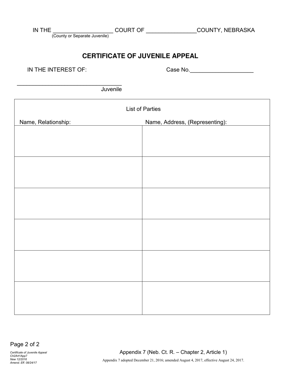 Form CH2ART1APP7 Certificate of Juvenile Appeal - Nebraska, Page 2