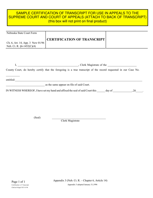 Form CH6ART14APP3 Certification of Transcript - Nebraska