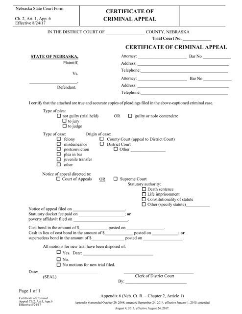 Form CH2ART1APP6 Certificate of Criminal Appeal - Nebraska