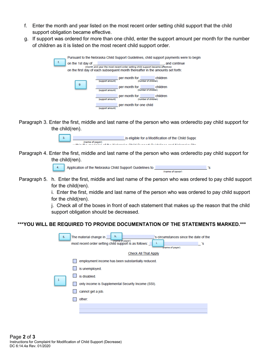 Instructions for Form DC6:14.4 Complaint for Modification of Child Support (Decrease) - Nebraska, Page 2