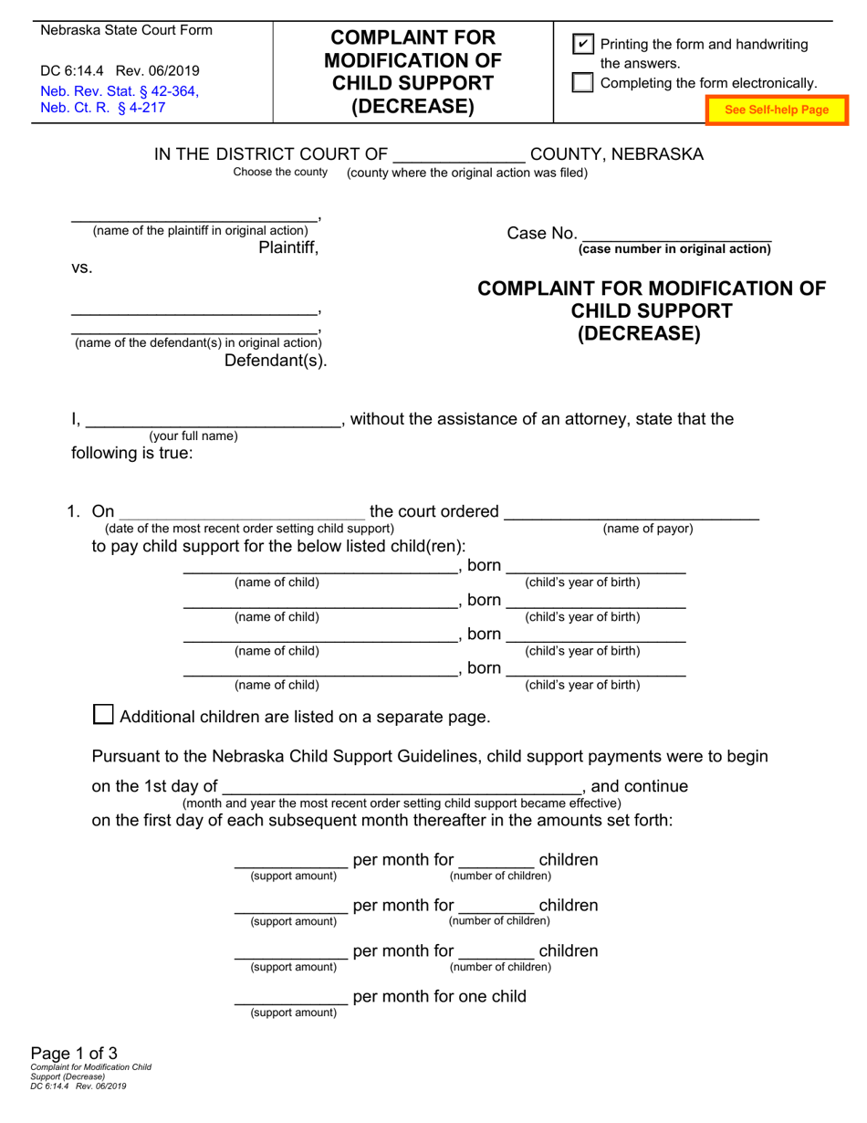 Form DC6:14.4 Complaint for Modification of Child Support (Decrease) - Nebraska, Page 1