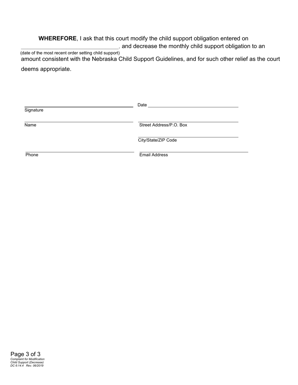 Form DC6:14.4 Complaint for Modification of Child Support (Decrease) - Nebraska, Page 3
