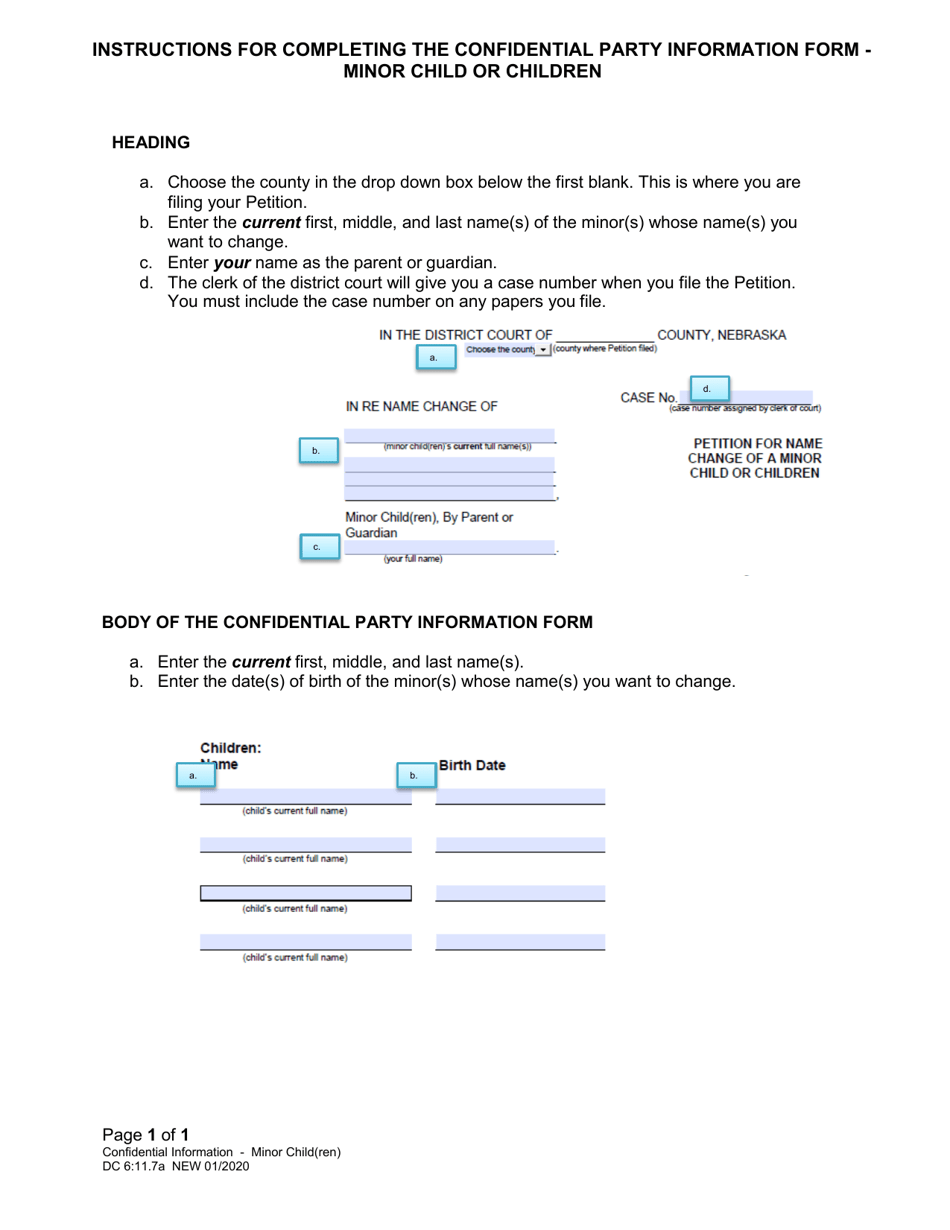 Instructions for Form DC6:11.7 Confidential Party Information Form - Minor Name Change - Nebraska, Page 1