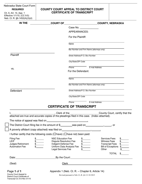 Form CC9:5 County Court Appeal to District Court Certificate of Transcript - Nebraska