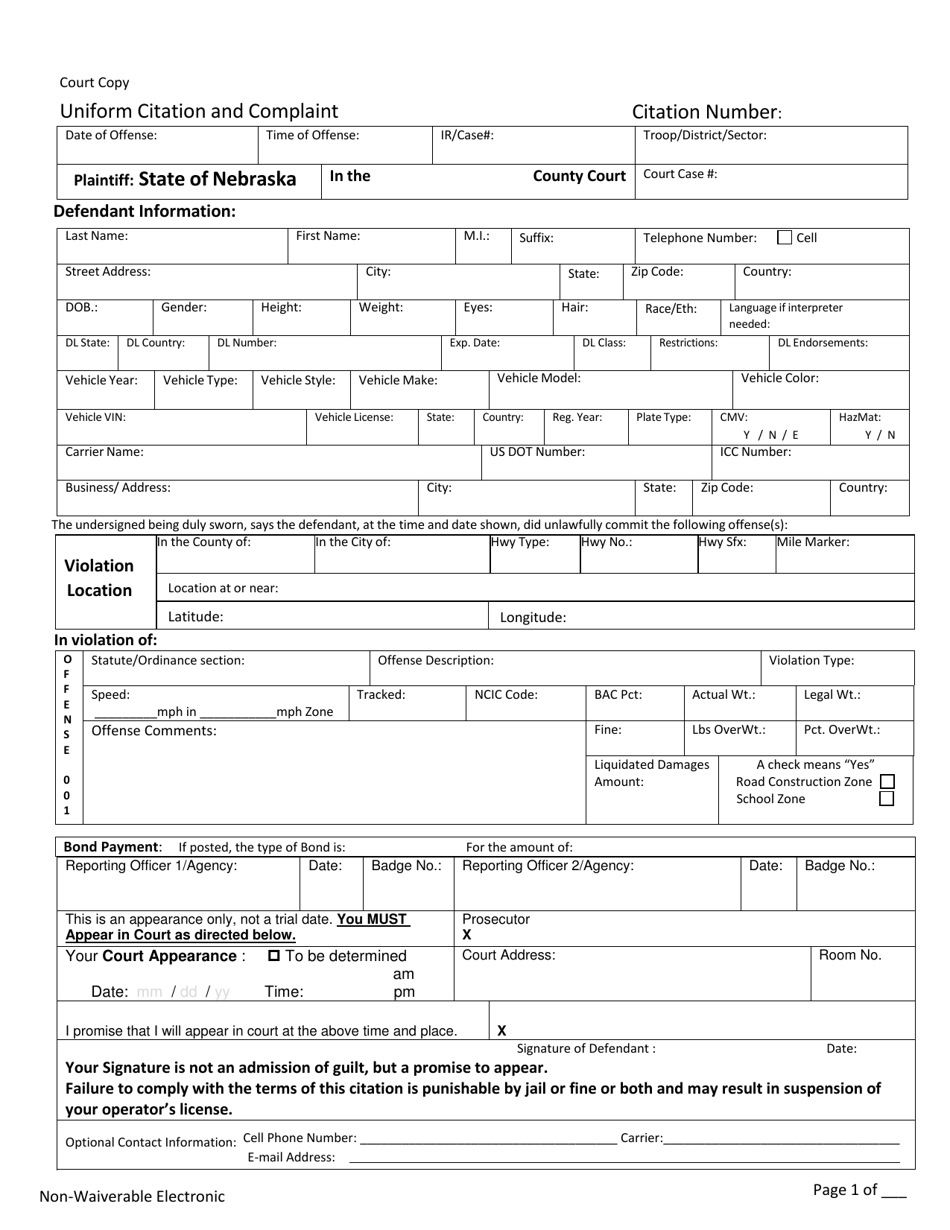 Form CH6ART14APP5J Uniform Citation and Complaint - Non-waiverable - Court Copy - Nebraska, Page 1